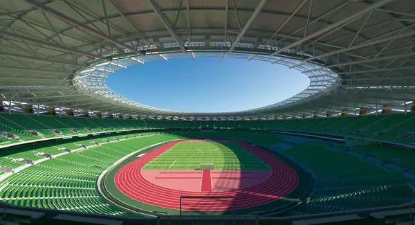 Foto udara Basra International Stadium yang menunjukkan keseluruhan stadion dan lingkungan sekitarnya.