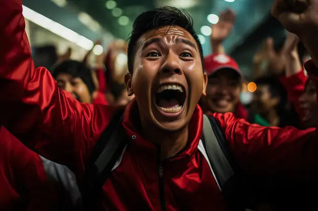 Para penggemar sepak bola Indonesia sedang merayakan