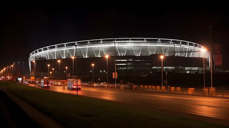 Gambar stadion sepak bola yang ramai di malam hari, sorot lampu menerangi lapangan.