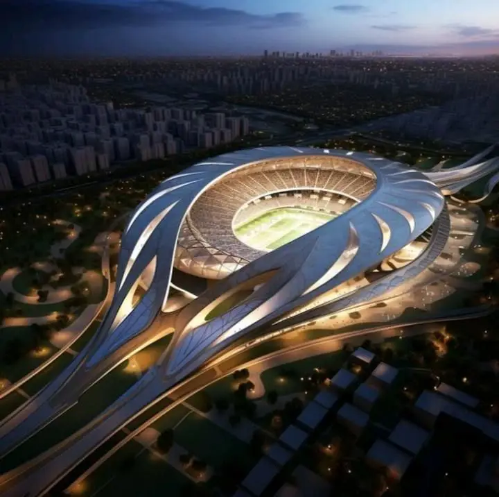 Stadion sepak bola futuristik dengan tampilan holografis