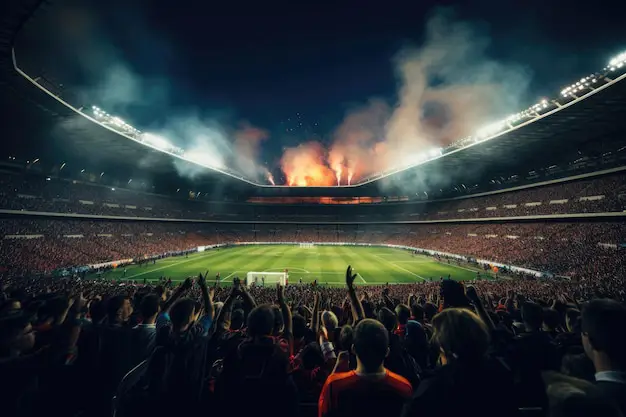 Gambar stadion yang penuh dengan penggemar yang bersorak